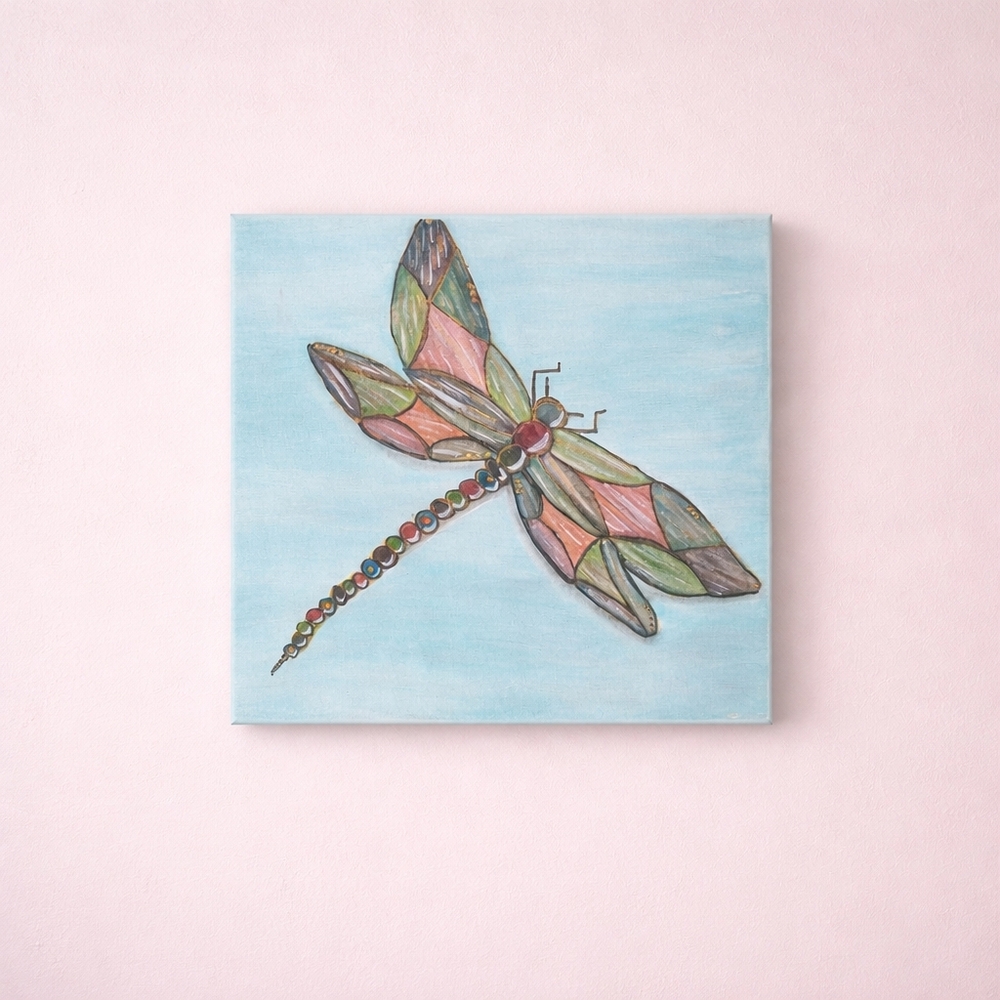 ORIGINAL PAINTING Dragonfly On Canvas Art - 12"x12" CUTE ONE OF A KIND BLUE PINK